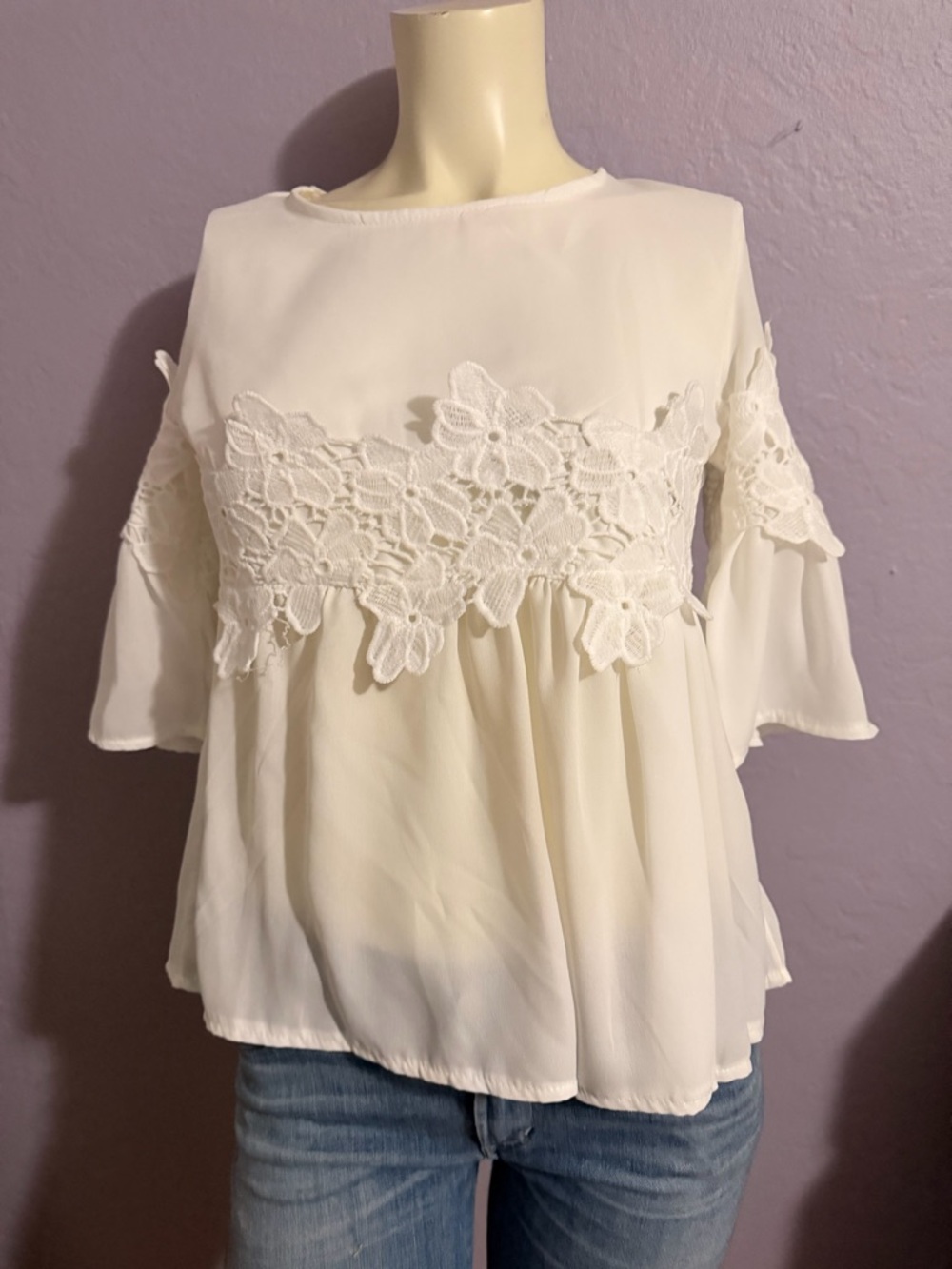 Nova she Women's White Lace-Trim Peasant Blouse